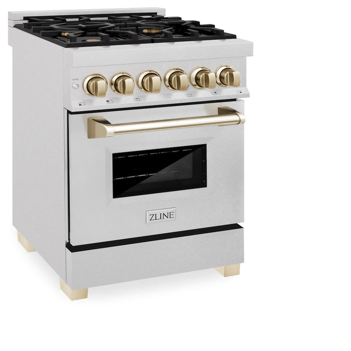 ZLINE Autograph Edition 24 in. 2.8 cu. ft. Legacy Dual Fuel Range with 4 Burner Gas Cooktop and Electric Convection Oven in DuraSnow® Stainless Steel and Polished Gold Accents (RASZ-SN-24-G)