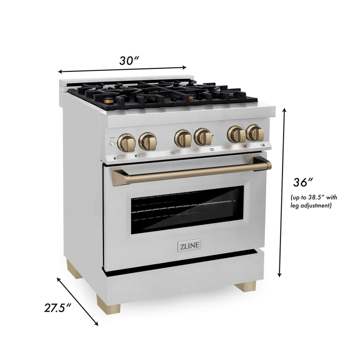 ZLINE Autograph Edition 30 in. Kitchen Package with Stainless Steel Dual Fuel Range, Range Hood, Dishwasher and Refrigeration with Champagne Bronze Accents (4KAPR-RARHDWM30-CB)