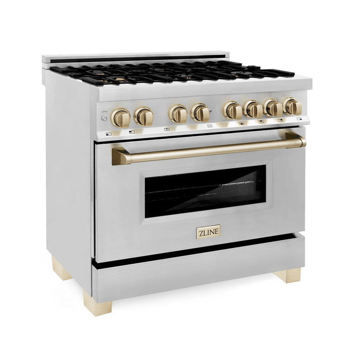 ZLINE Autograph Edition 36 in. Kitchen Package with Stainless Steel Dual Fuel Range, Range Hood, Dishwasher and Refrigeration Including External Water Dispenser with Polished Gold Accents (4AKPR-RARHDWM36-G)