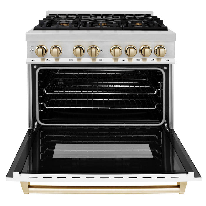 ZLINE Autograph Edition 36 in. 4.6 cu. ft. Legacy Dual Fuel Range with 6 Burner Gas Cooktop and Electric Convection Oven in Stainless Steel with White Matte Door and Polished Gold Accents (RAZ-WM-36-G)