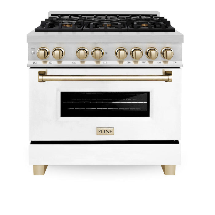 ZLINE Autograph Edition 36 in. 4.6 cu. ft. Legacy Dual Fuel Range with 6 Burner Gas Cooktop and Electric Convection Oven in Stainless Steel with White Matte Door and Polished Gold Accents (RAZ-WM-36-G)