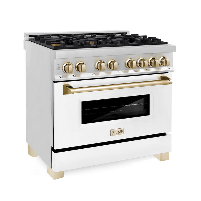 ZLINE Autograph Edition 36 in. 4.6 cu. ft. Legacy Dual Fuel Range with 6 Burner Gas Cooktop and Electric Convection Oven in Stainless Steel with White Matte Door and Polished Gold Accents (RAZ-WM-36-G)