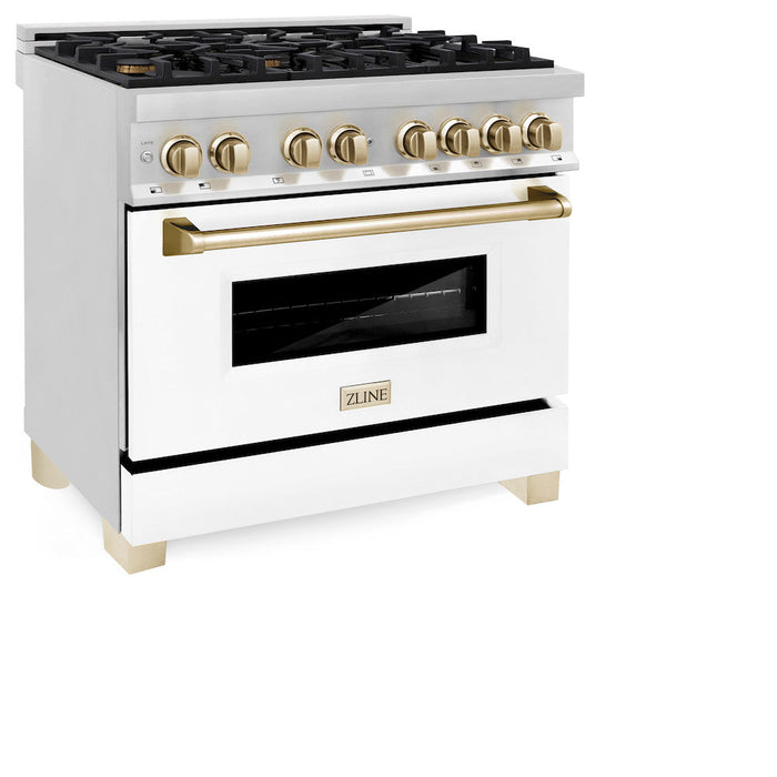 ZLINE Autograph Edition 36 in. 4.6 cu. ft. Legacy Dual Fuel Range with 6 Burner Gas Cooktop and Electric Convection Oven in Stainless Steel with White Matte Door and Polished Gold Accents (RAZ-WM-36-G)