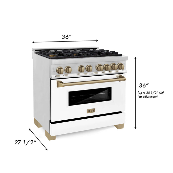 ZLINE Autograph Edition 36 in. Kitchen Package with Stainless Steel Dual Fuel Range with White Matte Door, Range Hood and Dishwasher with Champagne Bronze Accents (3AKP-RAWMRHDWM36-CB)