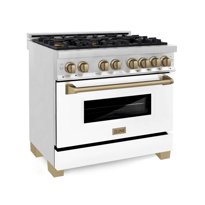 ZLINE Autograph Edition 36 in. Kitchen Package with Stainless Steel Dual Fuel Range with White Matte Door, Range Hood and Dishwasher with Champagne Bronze Accents (3AKP-RAWMRHDWM36-CB)