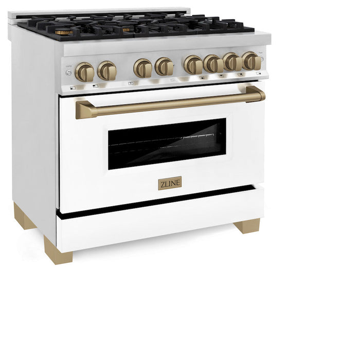 ZLINE Autograph Edition 36 in. 4.6 cu. ft. Dual Fuel Range with Gas Stove and Electric Oven in Stainless Steel with White Matte Door and Champagne Bronze Accents (RAZ-WM-36-CB)