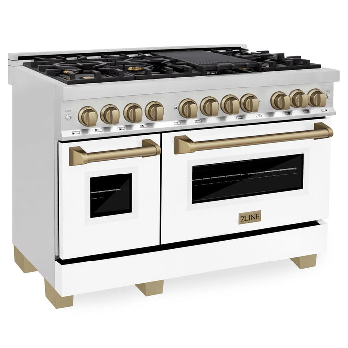 ZLINE Autograph Edition 48 in. Kitchen Package with Stainless Steel Dual Fuel Range with White Matte Door, Range Hood and Dishwasher with Champagne Bronze Accents (3AKP-RAWMRHDWM48-CB)