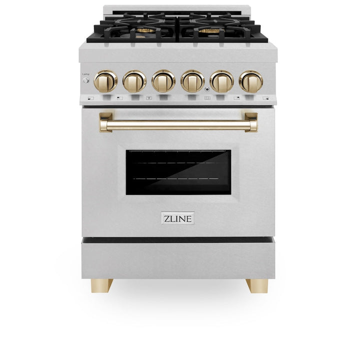 ZLINE Autograph Edition 24 in. 2.8 cu. ft. Legacy Dual Fuel Range with 4 Burner Gas Cooktop and Electric Convection Oven in DuraSnow® Stainless Steel and Polished Gold Accents (RASZ-SN-24-G)