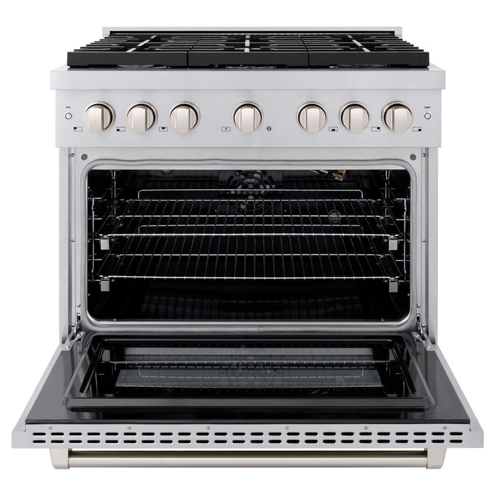 ZLINE 36 in. Kitchen Package with Stainless Steel Gas Range, Convertible Vent Range Hood and Microwave Drawer