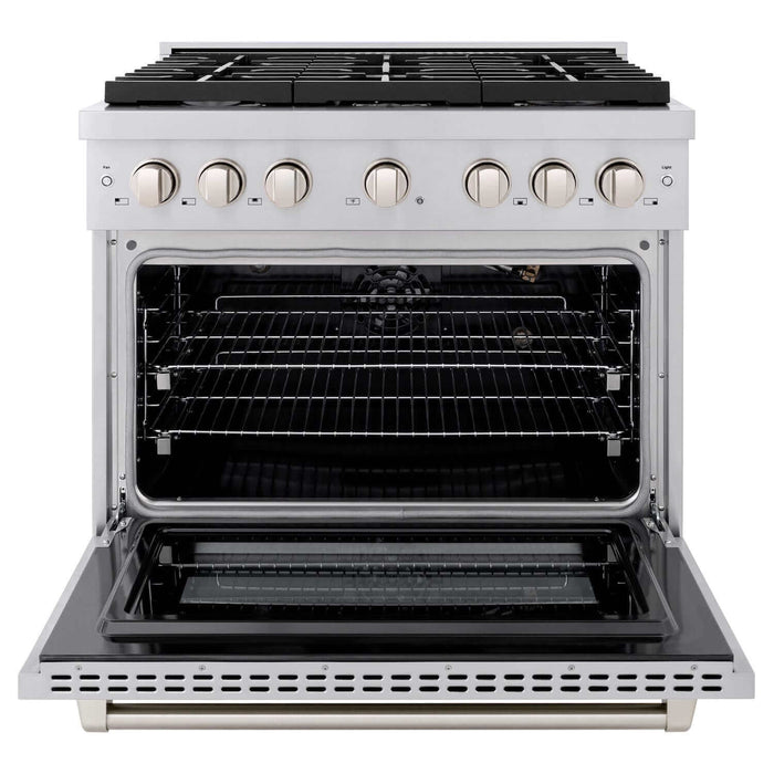 ZLINE Kitchen Package with Refrigeration, 36" Stainless Steel Gas Range, 36" Convertible Vent Range Hood and 24 in.  Tall Tub Dishwasher