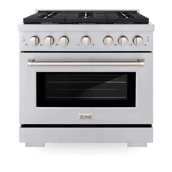 ZLINE Kitchen Package with Refrigeration, 36" Stainless Steel Gas Range, 36" Convertible Vent Range Hood and 24 in.  Tall Tub Dishwasher