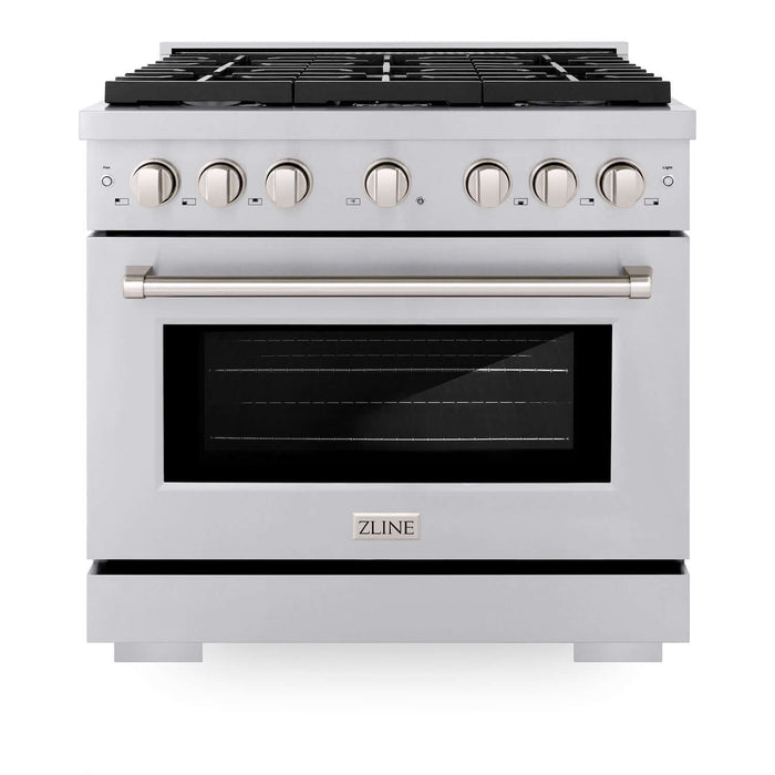 ZLINE 36 in. Kitchen Package with Stainless Steel Gas Range, Convertible Vent Range Hood and Microwave Drawer