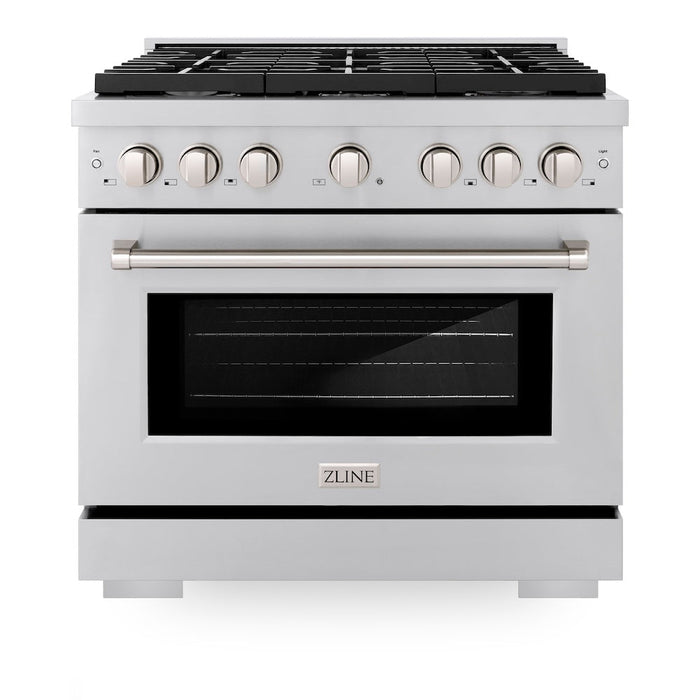 ZLINE Kitchen Package with Refrigeration, 36" Stainless Steel Gas Range, 36" Range Hood, Microwave Drawer, and 24 in.  Tall Tub Dishwasher