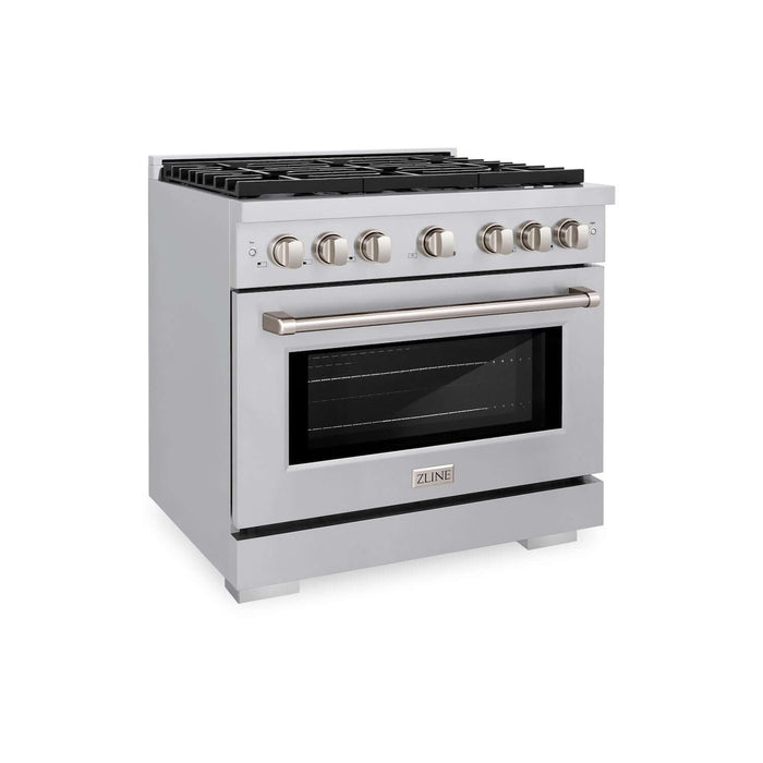 ZLINE 36 in. Kitchen Package with Stainless Steel Gas Range, Convertible Vent Range Hood and Microwave Drawer