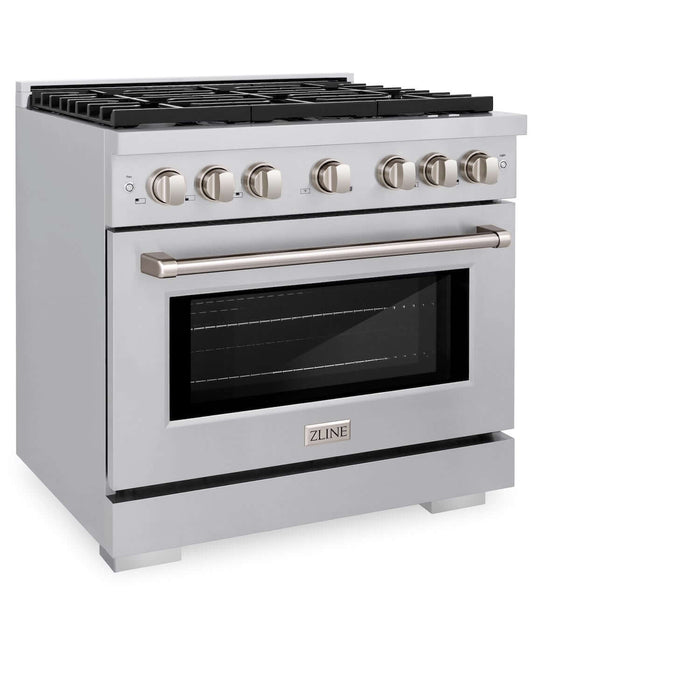 ZLINE 36 in. Kitchen Package with Stainless Steel Gas Range, Range Hood, Microwave Drawer and Tall Tub Dishwasher (4KP-SGRRH36-MWDWV)