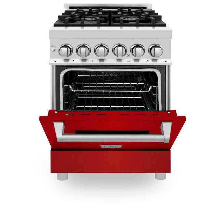 ZLINE 24 in. 2.8 cu. ft. Legacy Dual Fuel Range with 4 Burner Gas Cooktop and Electric Convection Oven in Stainless Steel and Red Gloss Door (RA-RG-24)