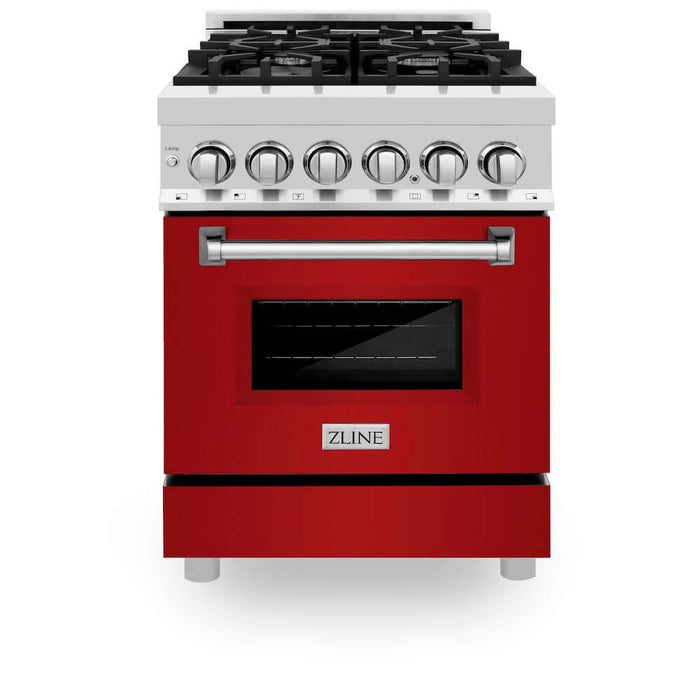 ZLINE 24 in. 2.8 cu. ft. Legacy Dual Fuel Range with 4 Burner Gas Cooktop and Electric Convection Oven in Stainless Steel and Red Gloss Door (RA-RG-24)