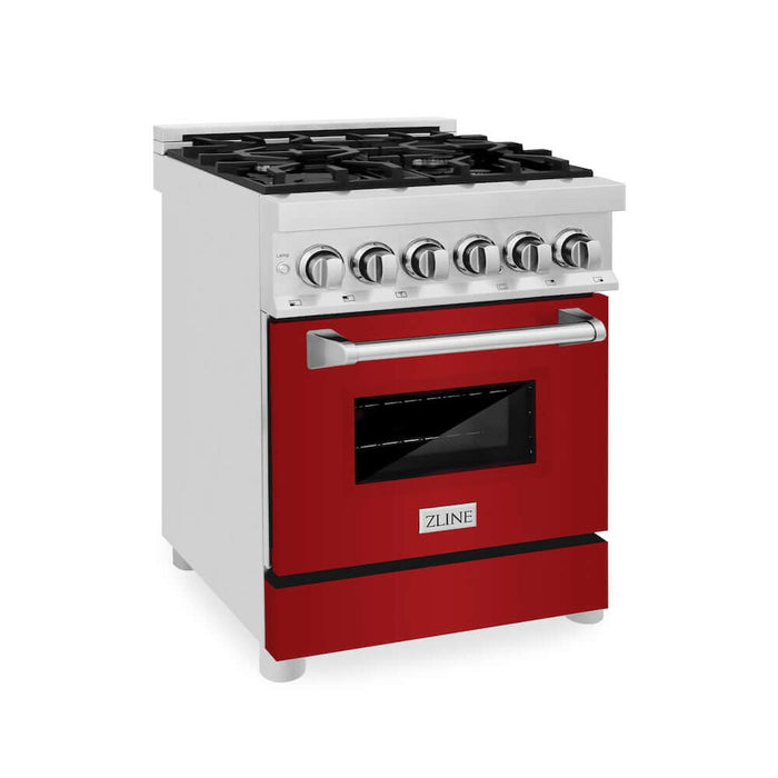 ZLINE 24 in. 2.8 cu. ft. Legacy Dual Fuel Range with 4 Burner Gas Cooktop and Electric Convection Oven in Stainless Steel and Red Gloss Door (RA-RG-24)