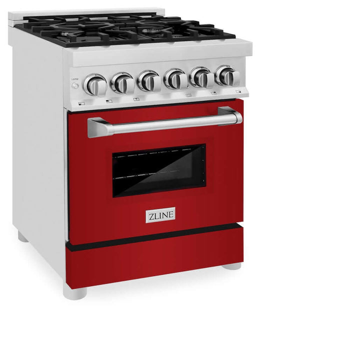 ZLINE 24 in. 2.8 cu. ft. Legacy Dual Fuel Range with 4 Burner Gas Cooktop and Electric Convection Oven in Stainless Steel and Red Gloss Door (RA-RG-24)