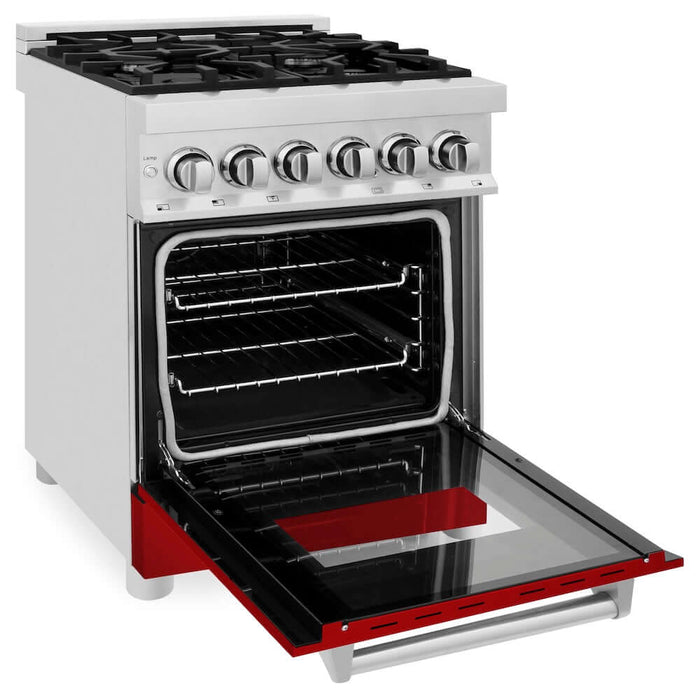 ZLINE 24 in. 2.8 cu. ft. Legacy Dual Fuel Range with 4 Burner Gas Cooktop and Electric Convection Oven in Stainless Steel and Red Gloss Door (RA-RG-24)