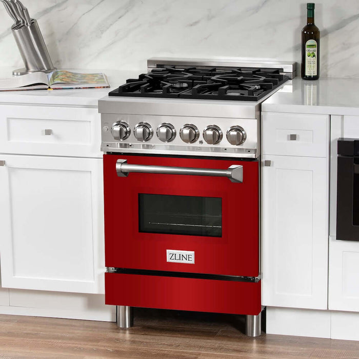 ZLINE 24 in. 2.8 cu. ft. Legacy Dual Fuel Range with 4 Burner Gas Cooktop and Electric Convection Oven in Stainless Steel and Red Gloss Door (RA-RG-24)