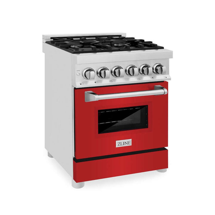 ZLINE 24 in. 2.8 cu. ft. Legacy Dual Fuel Range with 4 Burner Gas Cooktop and Electric Convection Oven in Stainless Steel and Red Matte Door (RA-RM-24)