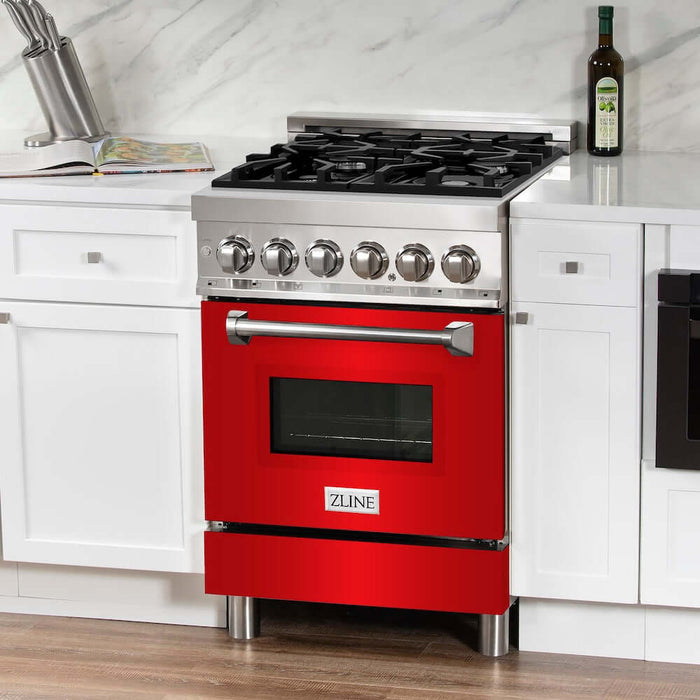 ZLINE 24 in. 2.8 cu. ft. Legacy Dual Fuel Range with 4 Burner Gas Cooktop and Electric Convection Oven in Stainless Steel and Red Matte Door (RA-RM-24)