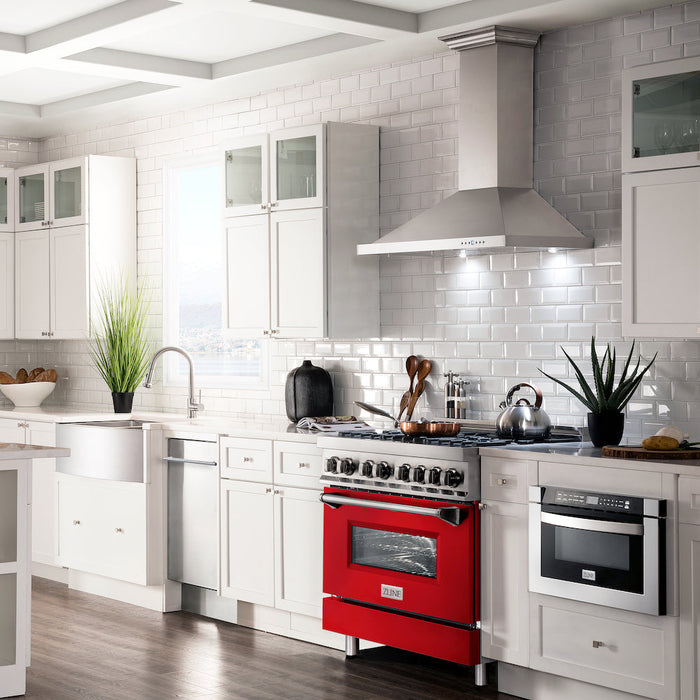 ZLINE 36 in. Dual Fuel Range with Gas Stove and Electric Oven in Stainless Steel with Red Matte Door (RA-RM-36)