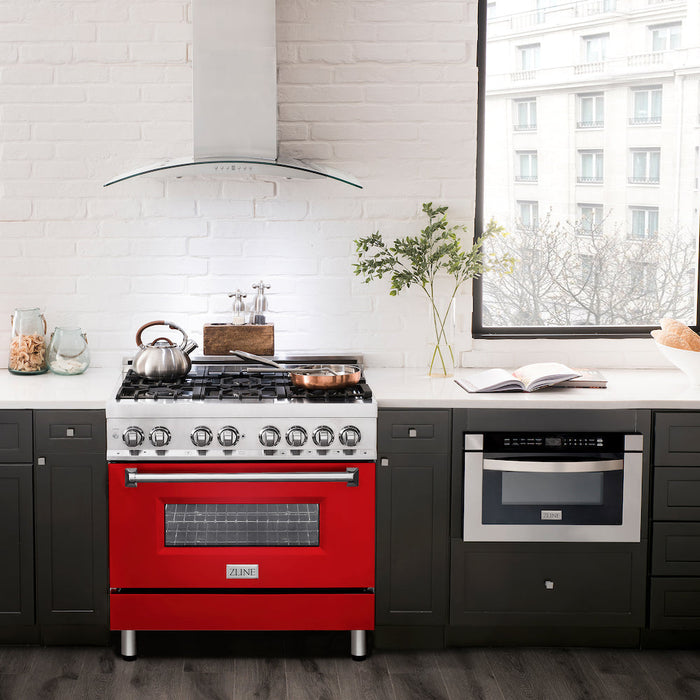 ZLINE 36 in. Dual Fuel Range with Gas Stove and Electric Oven in Stainless Steel with Red Matte Door (RA-RM-36)