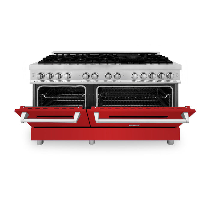 ZLINE 60 in. 7.4 cu. ft. Dual Fuel Range with Gas Stove and Electric Oven in Stainless Steel with Red Matte Doors (RA-RM-60)