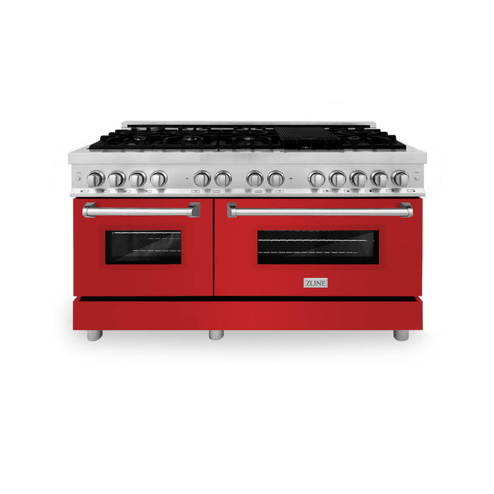 ZLINE 60 in. 7.4 cu. ft. Dual Fuel Range with Gas Stove and Electric Oven in Stainless Steel with Red Matte Doors (RA-RM-60)