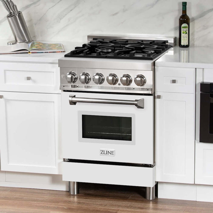 ZLINE 24 in. 2.8 cu. ft. Legacy Dual Fuel Range with 4 Burner Gas Cooktop and Electric Convection Oven in Stainless Steel and White Matte Door (RA-WM-24)