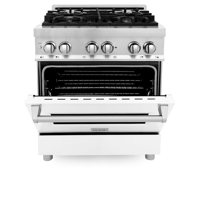 ZLINE 30 in. Kitchen Package with Stainless Steel Dual Fuel Range with White Matte Door and Convertible Vent Range Hood (2KP-RAWMRH30)