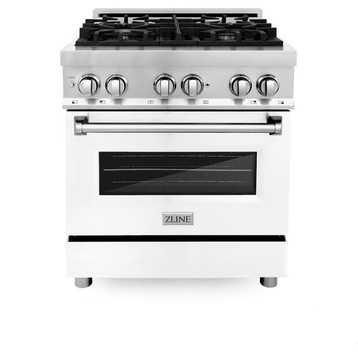 ZLINE 30 in. Kitchen Package with Stainless Steel Dual Fuel Range with White Matte Door and Convertible Vent Range Hood (2KP-RAWMRH30)