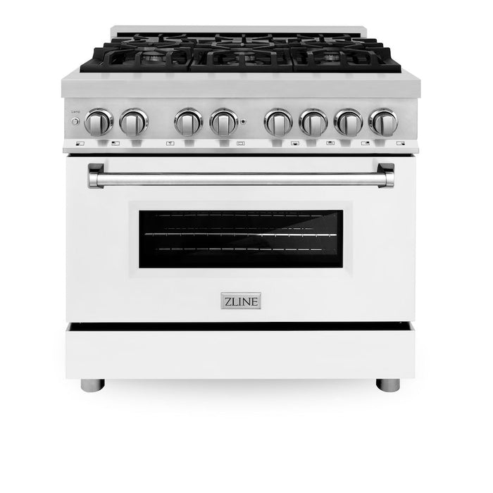 ZLINE 36 in. Kitchen Package with Stainless Steel Dual Fuel Range with White Matte Door and Convertible Vent Range Hood (2KP-RAWMRH36)