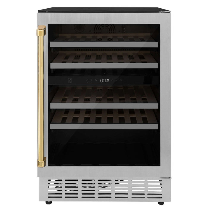 ZLINE Autograph Edition 24 in. Monument Dual Zone 44-Bottle Wine Cooler in Stainless Steel with Polished Gold Accents (RWVZ-UD-24-G)