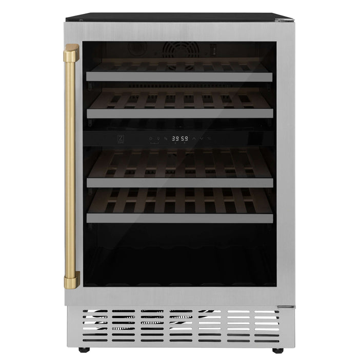 ZLINE Autograph Edition 24 in. Monument Dual Zone 44-Bottle Wine Cooler in Stainless Steel with Champagne Bronze Accents (RWVZ-UD-24-CB)