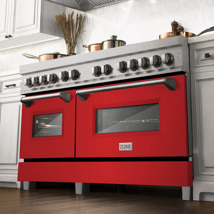 ZLINE 60 in. 7.4 cu. ft. Dual Fuel Range with Gas Stove and Electric Oven in Fingerprint Resistant Stainless Steel and Red Matte Doors (RAS-RM-60)