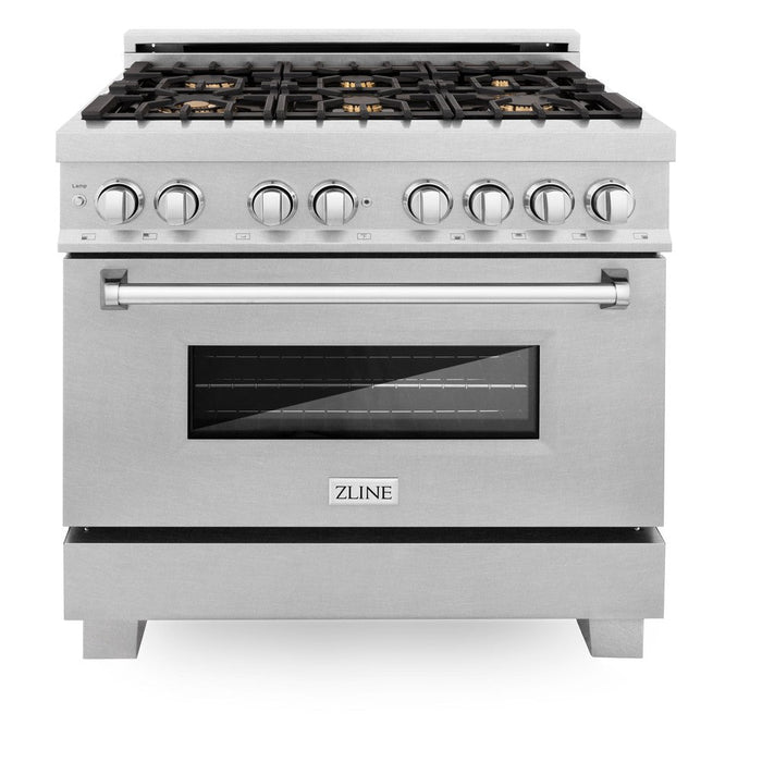 ZLINE 36 in. 4.6 cu. ft. Electric Oven and Gas Cooktop Dual Fuel Range with Griddle and Brass Burners in Fingerprint Resistant Stainless (RAS-SN-BR-GR-36)