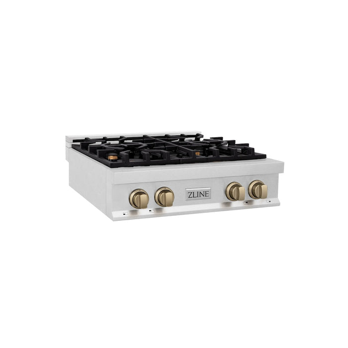 ZLINE Autograph Edition 30 in. Porcelain Rangetop with 4 Gas Burners in DuraSnow® Stainless Steel with Champagne Bronze Accents (RTSZ-30-CB)