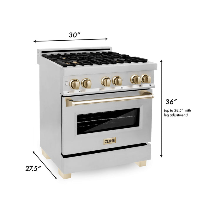 ZLINE Autograph Edition 30 in. Kitchen Package with Stainless Steel Dual Fuel Range, Range Hood, Dishwasher and French Door Refrigerator with Polished Gold Accents (4KAPR-RARHDWM30-G)