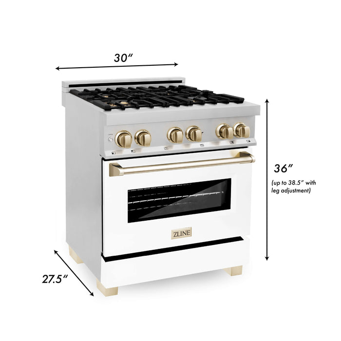 ZLINE Autograph Edition 30 in. Kitchen Package with Stainless Steel Dual Fuel Range with White Matte Door, Range Hood and Dishwasher with Polished Gold Accents (3AKP-RAWMRHDWM30-G)