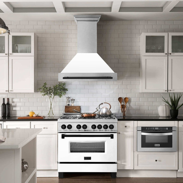 ZLINE Autograph Edition 36 in. Fingerprint Resistant Stainless Steel Range Hood with White Matte Shell and Accent Handle (8654SNZ-WM36)