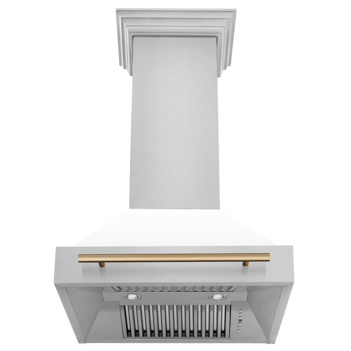 ZLINE Autograph Edition 30 in. Kitchen Package with Stainless Steel Dual Fuel Range with White Matte Door and Range Hood with Champagne Bronze Accents (2AKP-RAWMRH30-CB)