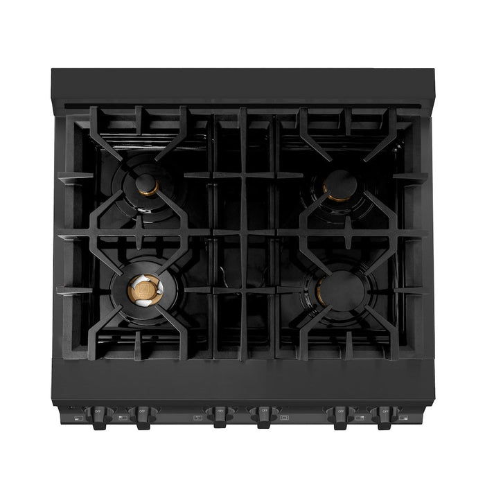 ZLINE Kitchen Package with Black Stainless Steel Refrigeration, 30 in. Dual Fuel Range, 30 in. Range Hood, Microwave Drawer, and 24 in. Tall Tub Dishwasher (5KPR-RABRH-MWDWV)