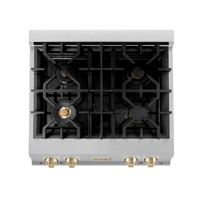 ZLINE Autograph Edition 30 in. Porcelain Rangetop with 4 Gas Burners in DuraSnow® Stainless Steel with Polished Gold Accents (RTSZ-30-G)