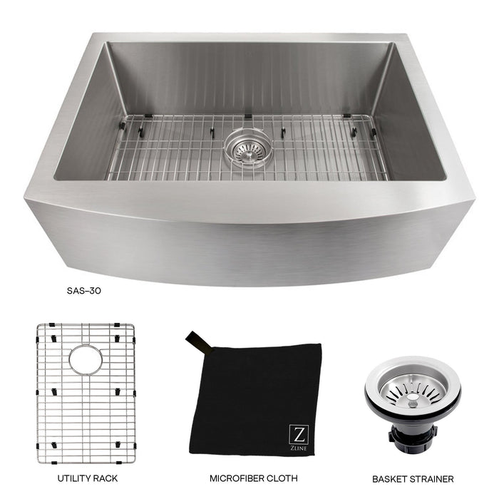 ZLINE Zermatt 30 in. Farmhouse Apron Mount Single Bowl Kitchen Sink with Bottom Grid (SAS-30)