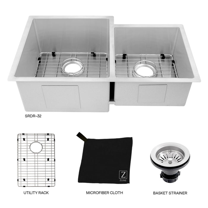 ZLINE 32 in. Jackson Undermount Double Bowl Kitchen Sink with Bottom Grid (SRDR-32)