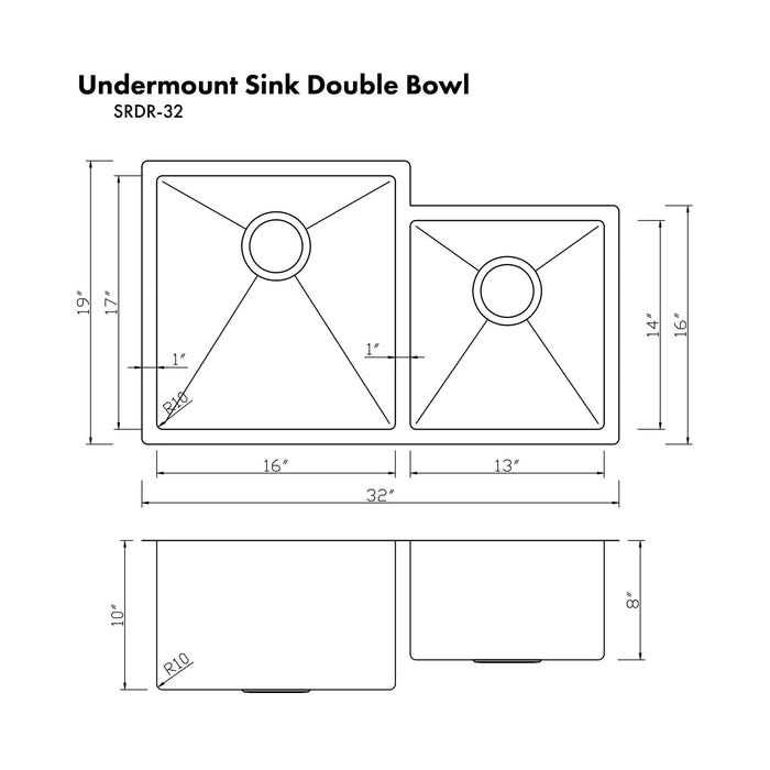 ZLINE 32 in. Jackson Undermount Double Bowl Kitchen Sink with Bottom Grid (SRDR-32)