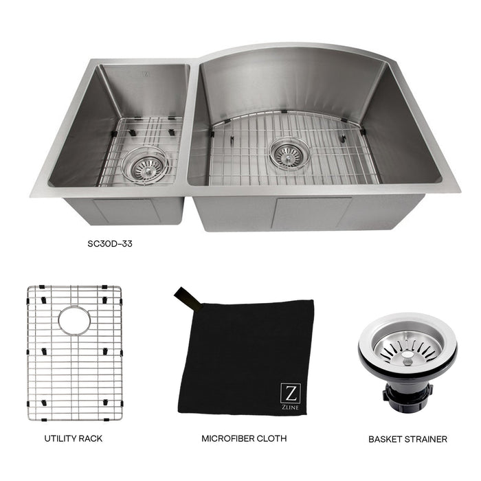 ZLINE 33 in. Aspen Undermount Double Bowl Kitchen Sink with Bottom Grid (SC30D)